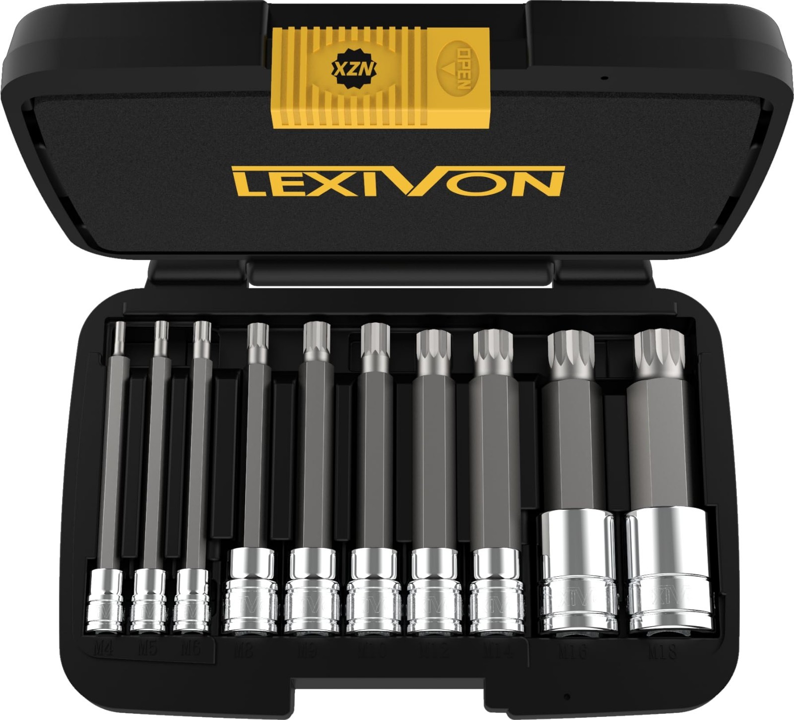 10-Piece Extra Long Triple Square Spline Bit Socket Set, M4-M18, Premium S2 Stee