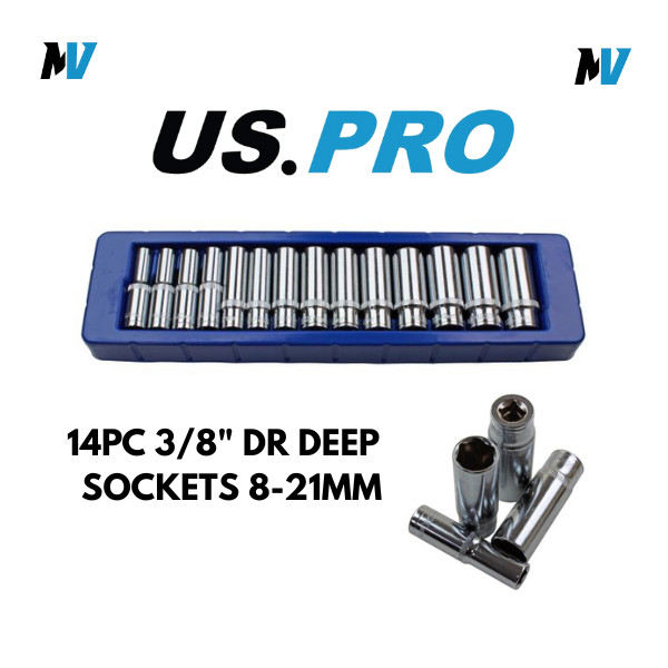 US PRO 14 Piece 3/8″ Dr 6 Point Deep Metric Socket Set 8mm – 21mm 1389