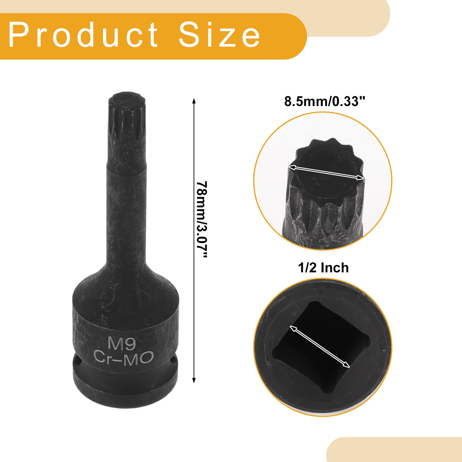 Universal 1/2 Inch Drive Impact Socket 8.5mm 12 Point CR-MO Black 1 Pc