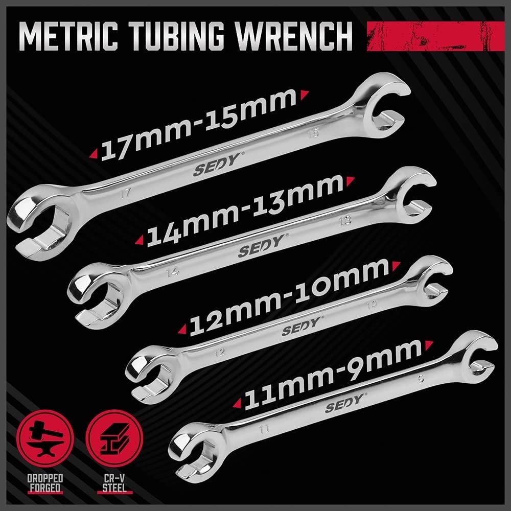Durable 4-Piece Metric Flare Nut Wrench Set with Offset End and Storage Pouch