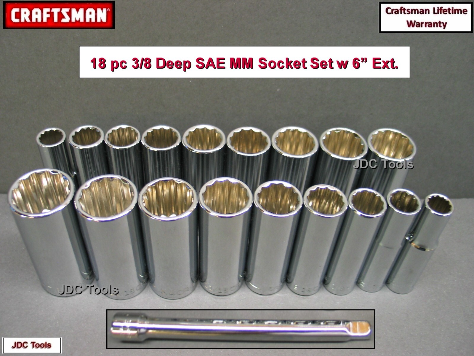 CRAFTSMAN 18 pc 3/8 Drive Deep Socket Set SAE Metric w 6″ Ext