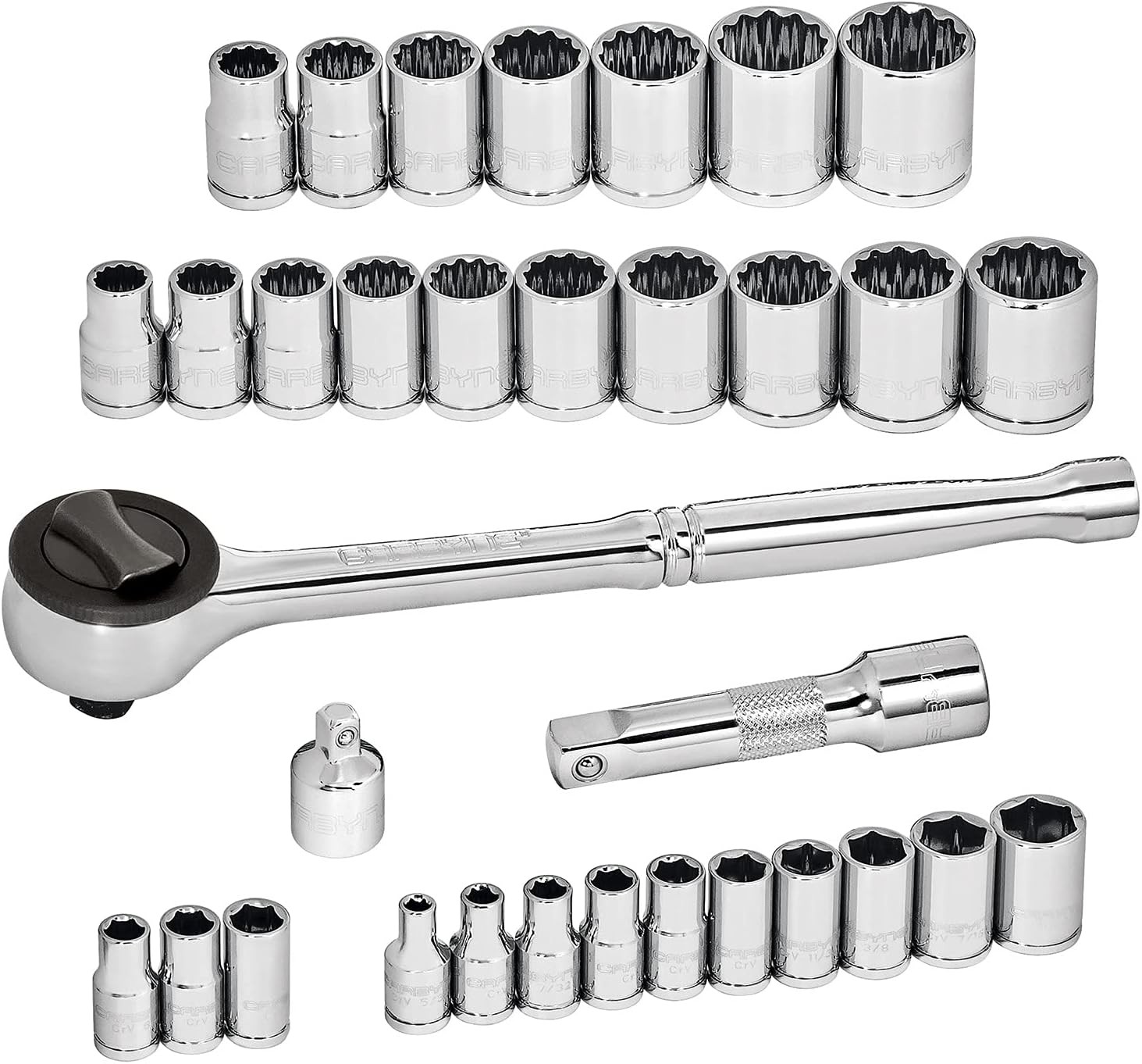 CARBYNE 1/4″ & 3/8″ Drive Socket & Ratchet Set – 34 Piece | SAE & One Size