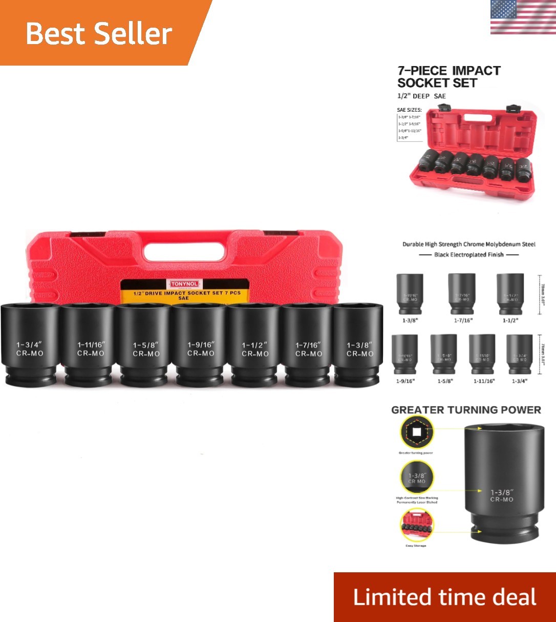1/2 Inch Drive Deep Impact Socket Set, 6-Point, SAE1/2 Drive 1-3/8″to1-3/4″, …