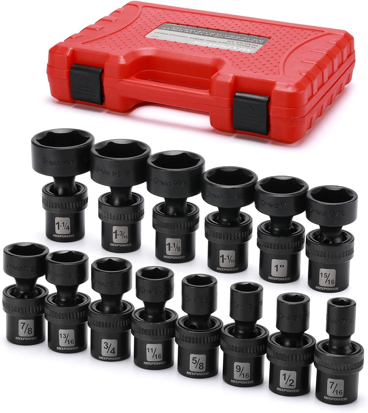 Impact Socket Set 1/2 Inch Drive Shallow Universal Joint Wobble Chrome