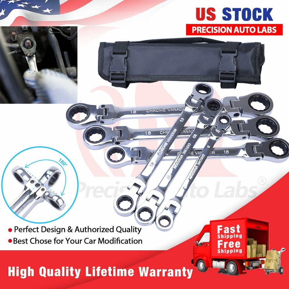 6x Universal NEW Flex-Head Double Box End Ratcheting Wrenches Extra Long Metric