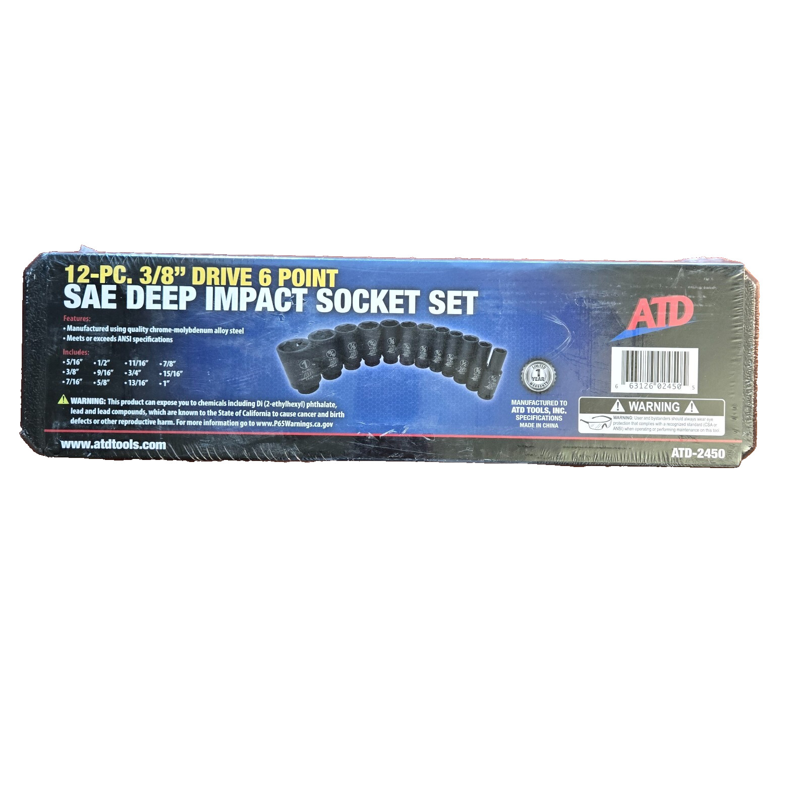 ATD-2450 – 12 Pc. 3/8″ Drive 6 Point SAE Deep Impact Socket Set