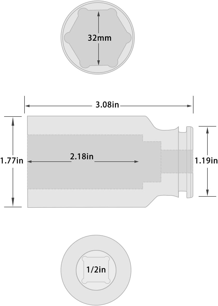 1/2″ Drive x 32 mm Deep 6 PT Impact Socket, CR-MO, 1/2-inch 6 32mm