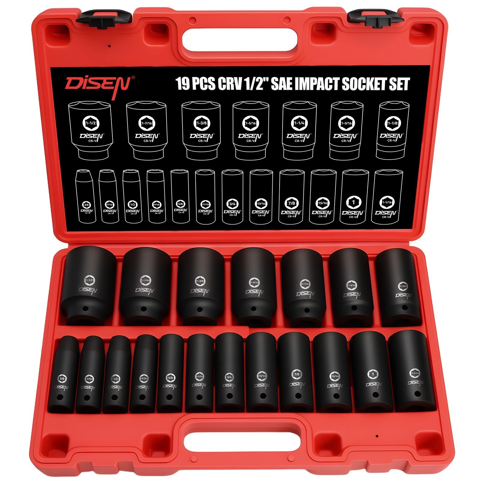 19 Pcs 1/2″ SAE Impact Socket Set – Deep 6-Point Cr-V & Alloy Steel, Durable Cas