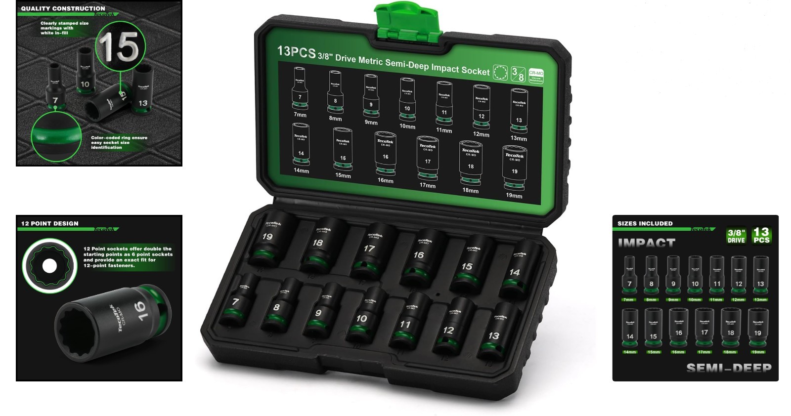 12-Point Impact Socket Set 7-19mm 3/8in Drive Chrome Molybdenum Steel