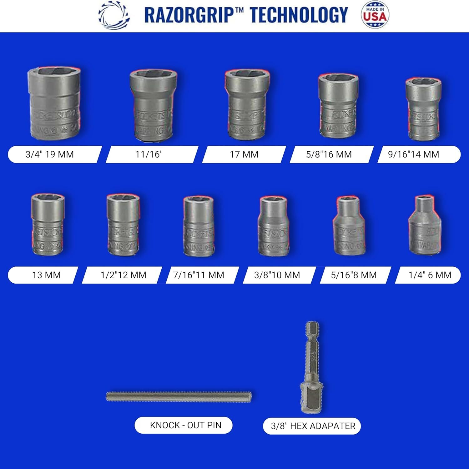 13 Piece Bolt Extractor Set | Made in USA Turbo Sockets for One Size