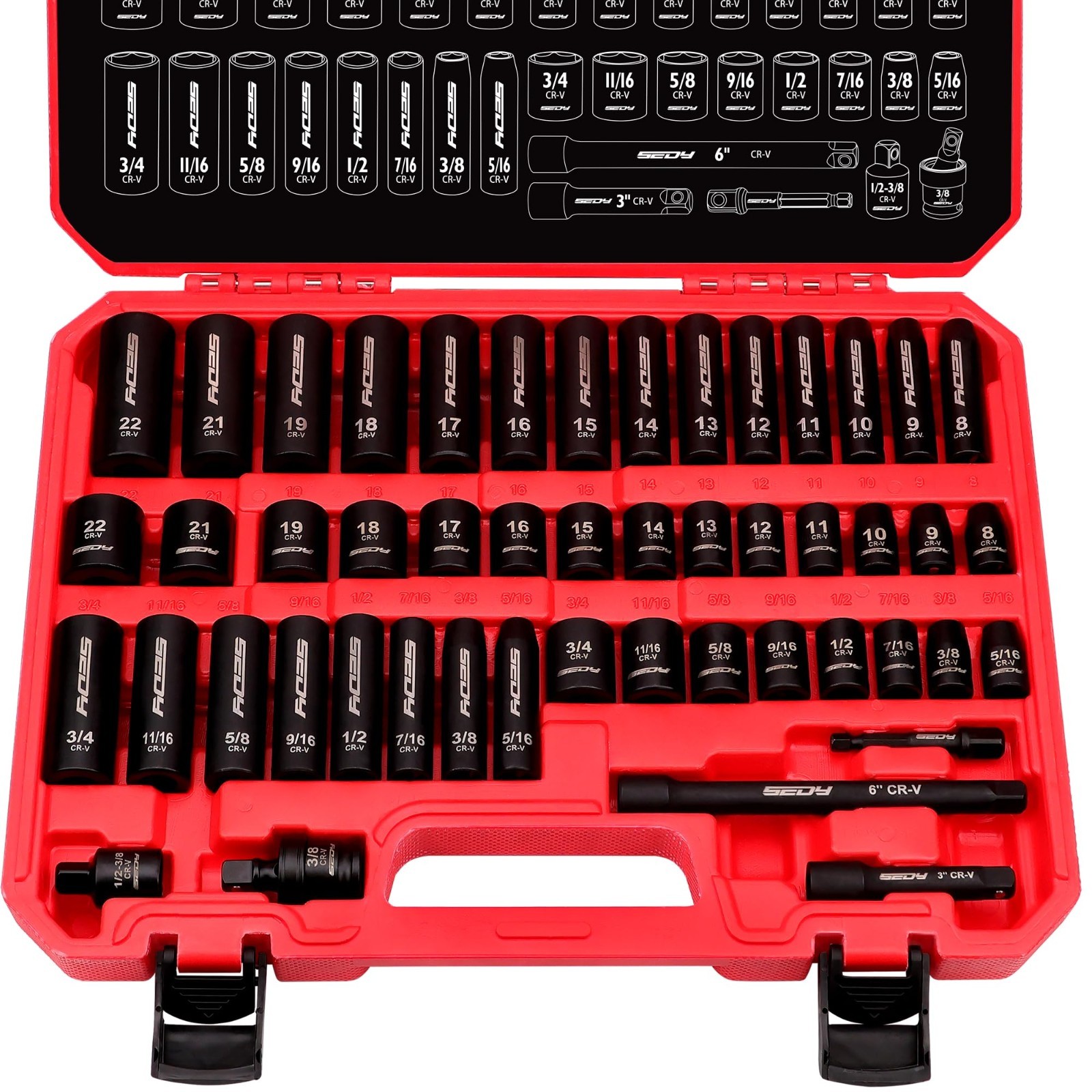 49-Piece 3/8″ Drive Impact Socket Set – SAE & Metric with Extensions, CR-V Durab