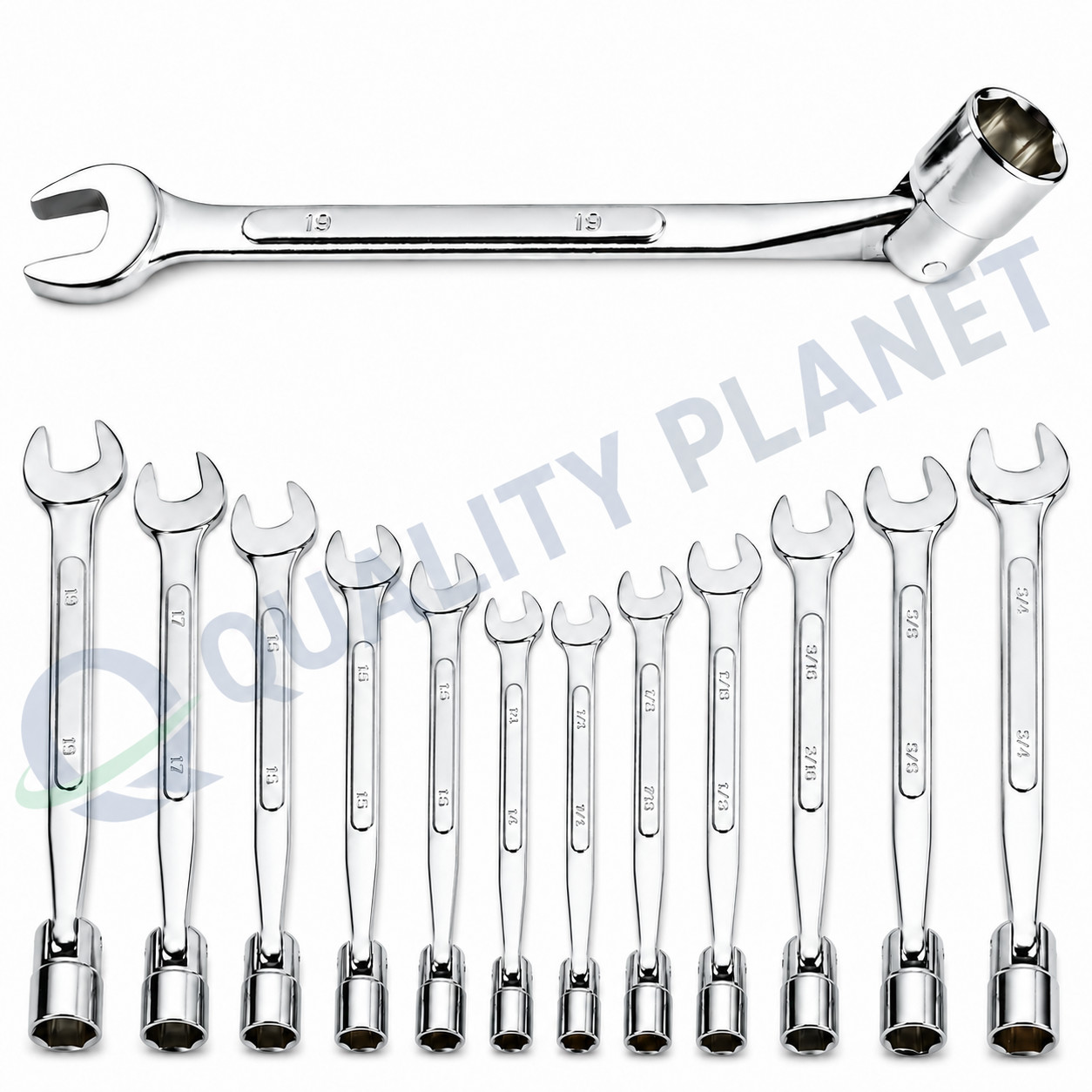 12pc Flex Flexible Head Double Ended Socket Spanner & Open Wrench Set Metric/SAE