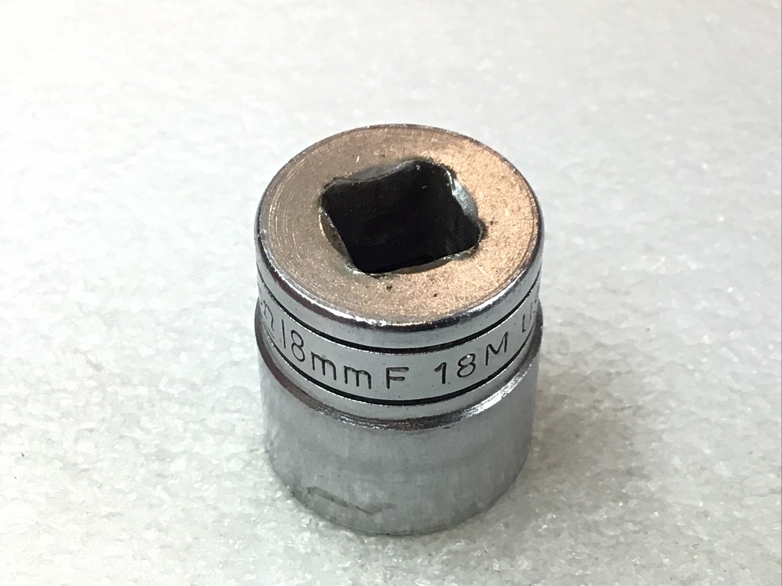 Snap On#F18M – 18mm, Metric, Shallow, Chrome, Socket, 3/8” Dr., 12-Pt. -USA-
