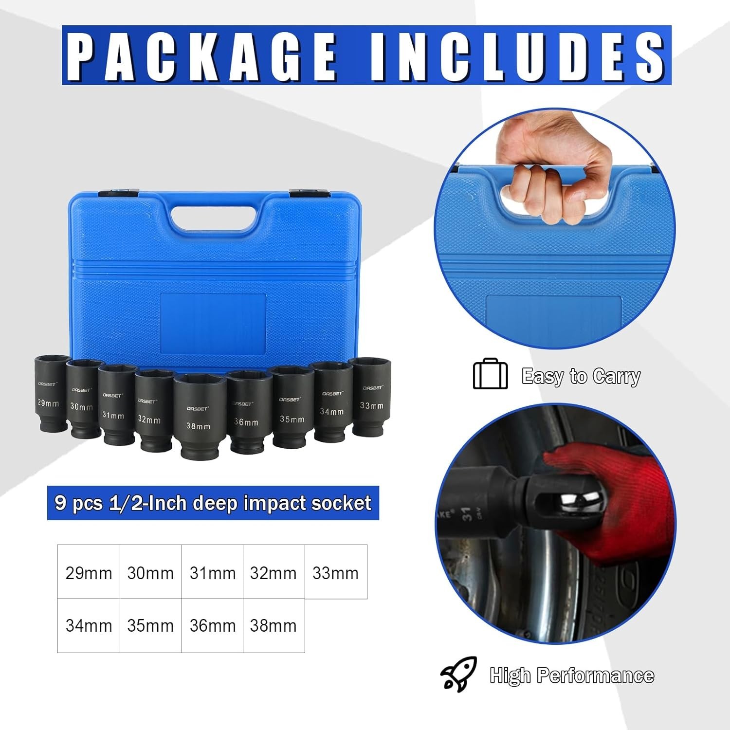 Deep Impact Socket Tool 9Pcs/Set 1/2″ Drive Metric Axle Hub Nut Socket 29-38mm