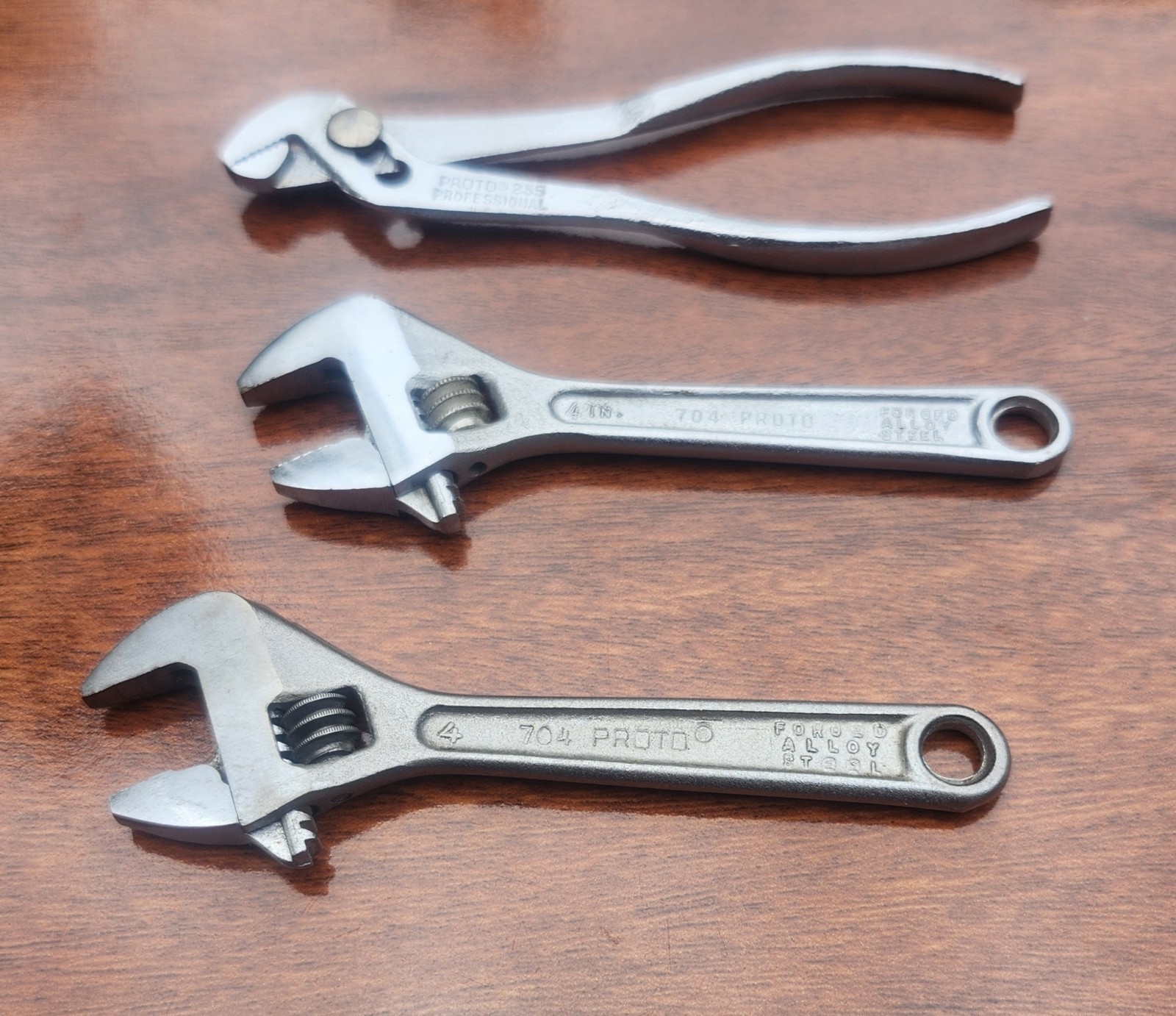 Vintage Proto 4″ Tools. 2- Adjustable Wrenches + 1- Slip-Joint Pliers USA