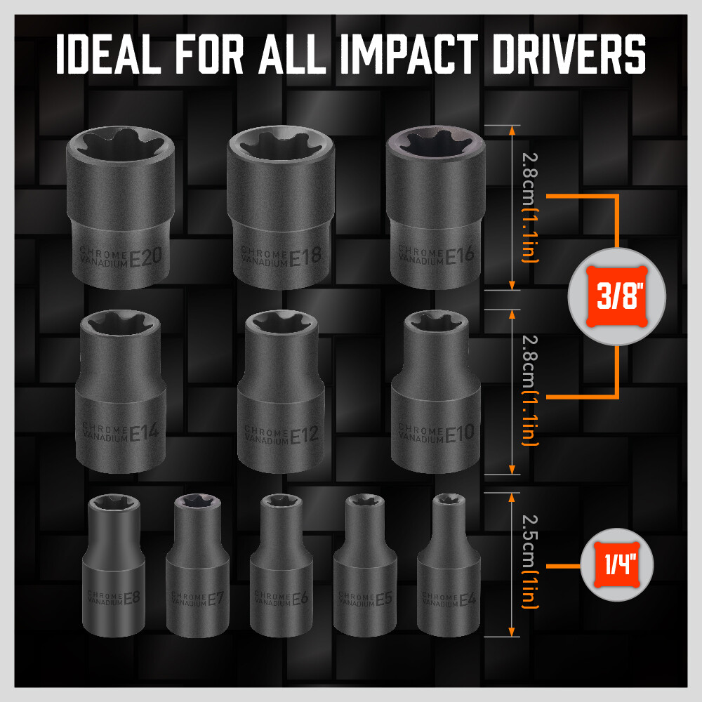 11pc Torx Star Bit Female External E Socket Set & Rail Automotive Tools E4-E20