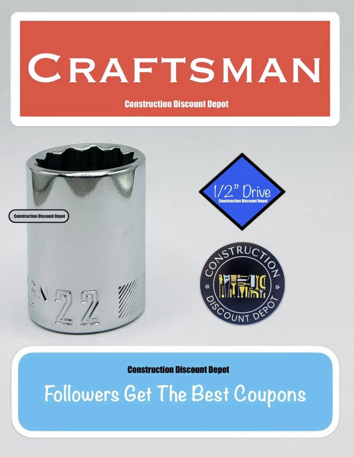 CRAFTSMAN Shallow Socket Metric 1/2″ Drive 22mm 12 Point CMMT44239 22 MM