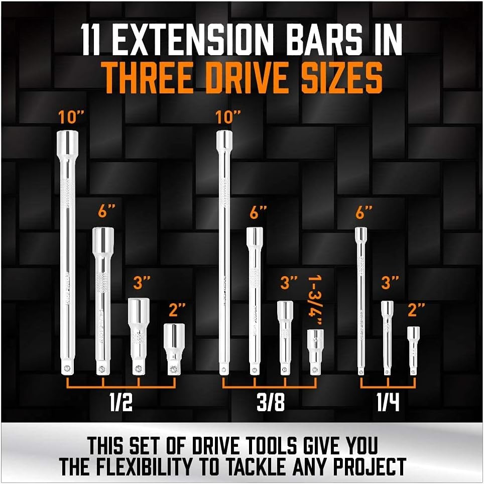 20-Piece Socket Extension Bar Set, 1/4″, 3/8″ and 1/2″ Drive Socket Extension Se
