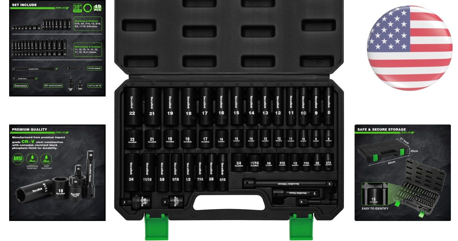 Durable 3/8″ Drive Impact Socket Set, 49-Piece SAE & Metric with Extension Bars