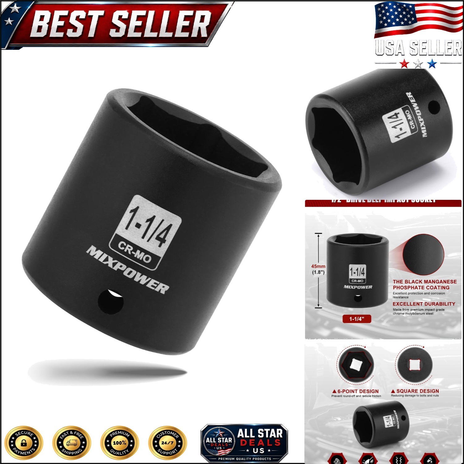 6 Point 1-1/4″ Axle Nut Impact Socket – 1/2″ Drive, High Torque, Polished Finish