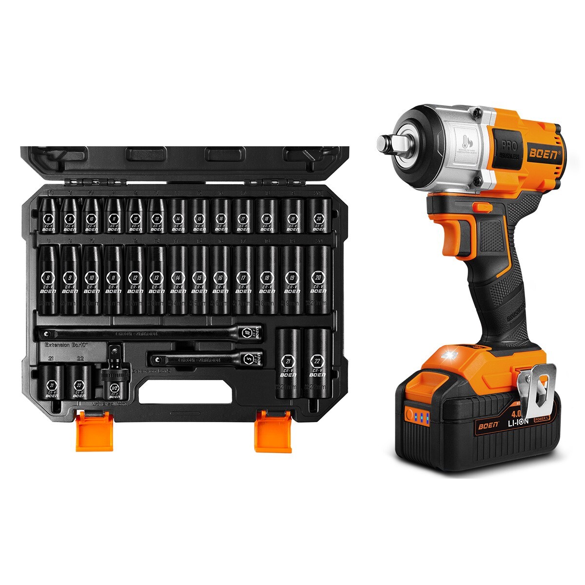 Boen Impact Wrench 1/2″ Brushless Electric, With 33 Pcs Impact Socket Set,IW75