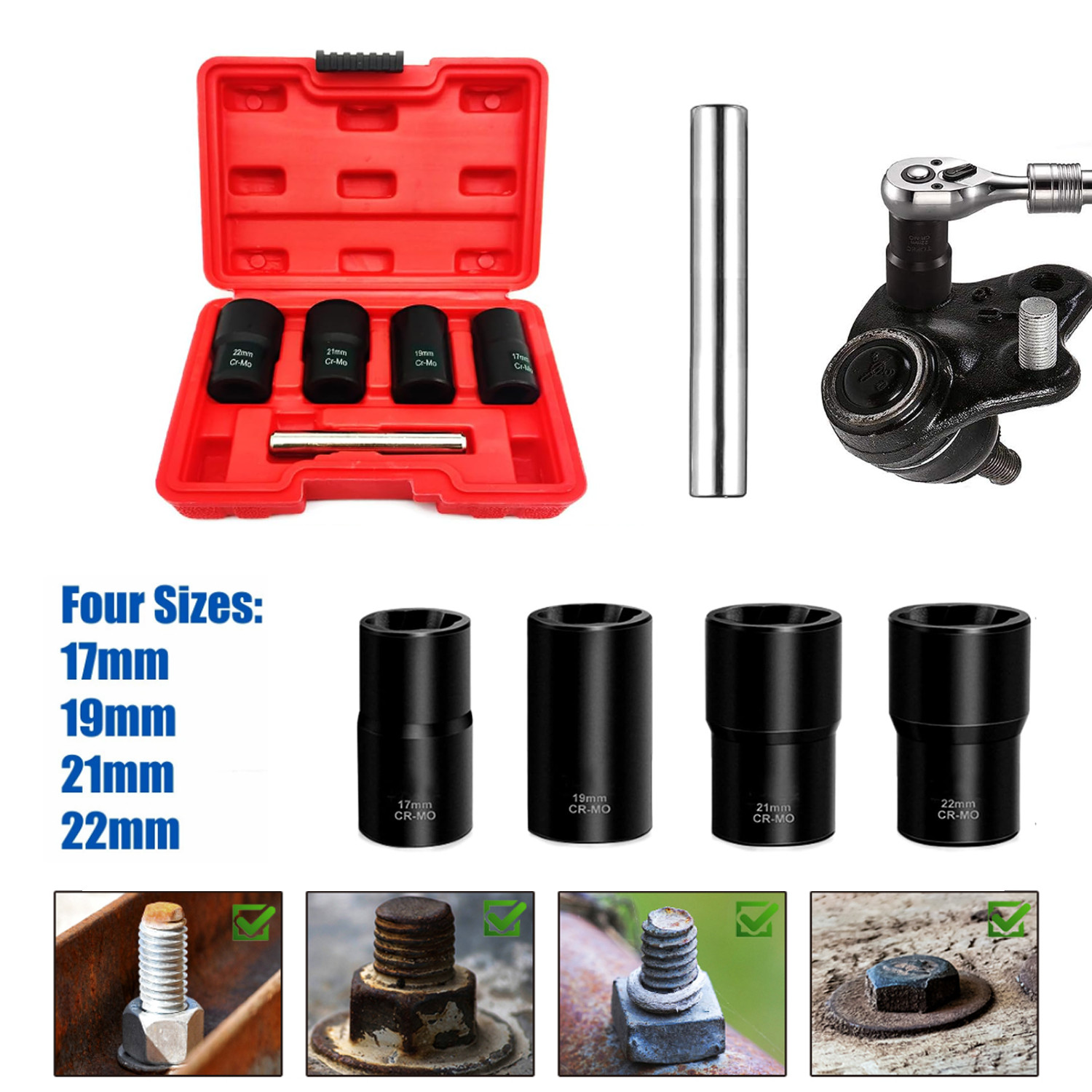 5Pc 1/2” Twist Socket Drive Wheel Lug Nut Damaged,Stripped Remover 17 19 21 22mm