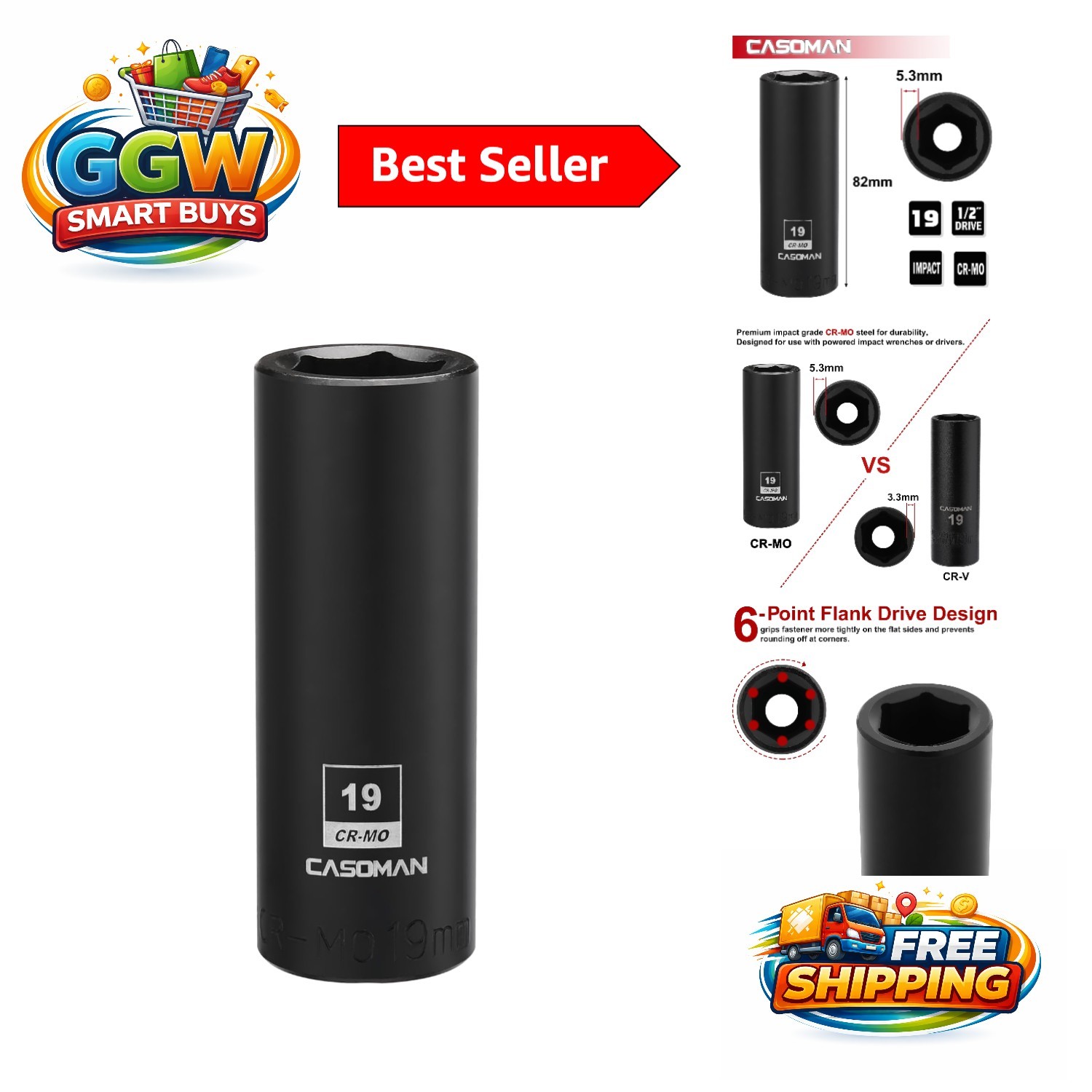 Heavy-Duty 19mm 1/2-Inch Drive Deep Impact Socket with Black Phosphate Finish