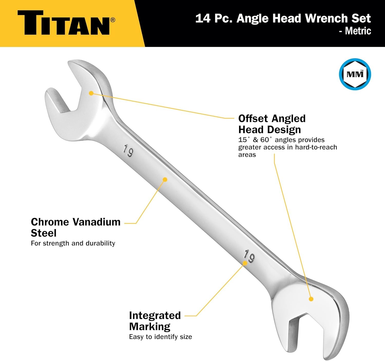 Titan Tools 14-Piece Metric Angle Head Open End Wrench Set (17284)
