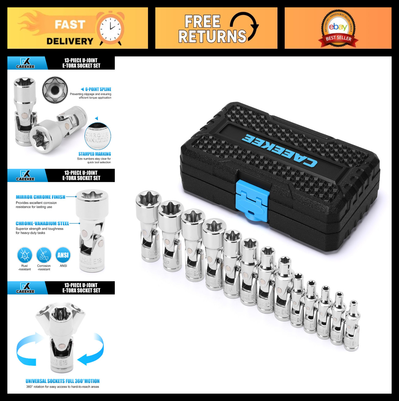 13-Piece Universal External Star Socket Set, 1/4″ & 3/8″ Drive, CR-V, Storage Ca