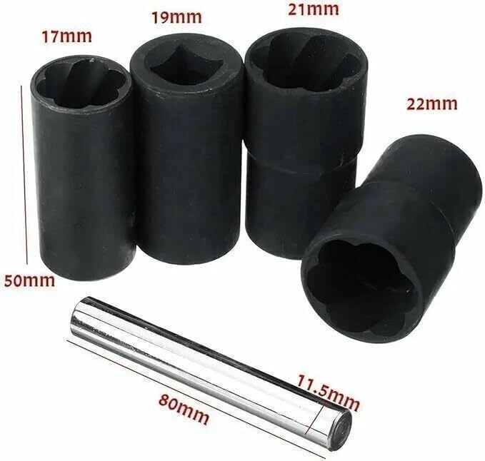 5pcs Twist Socket Kits 1/2» Drive Wheel Lock Nut Removal Tool Set 17 19 21 22mm