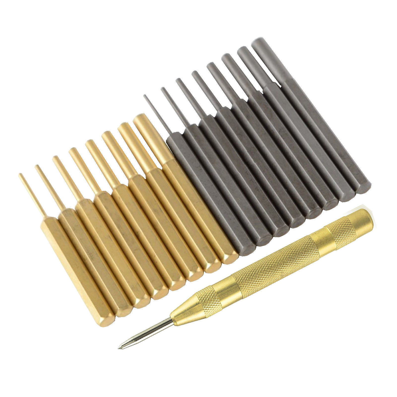 New King 18 pc Brass/Steel Punch Set with Automatic Pin Center & Storage Pouch