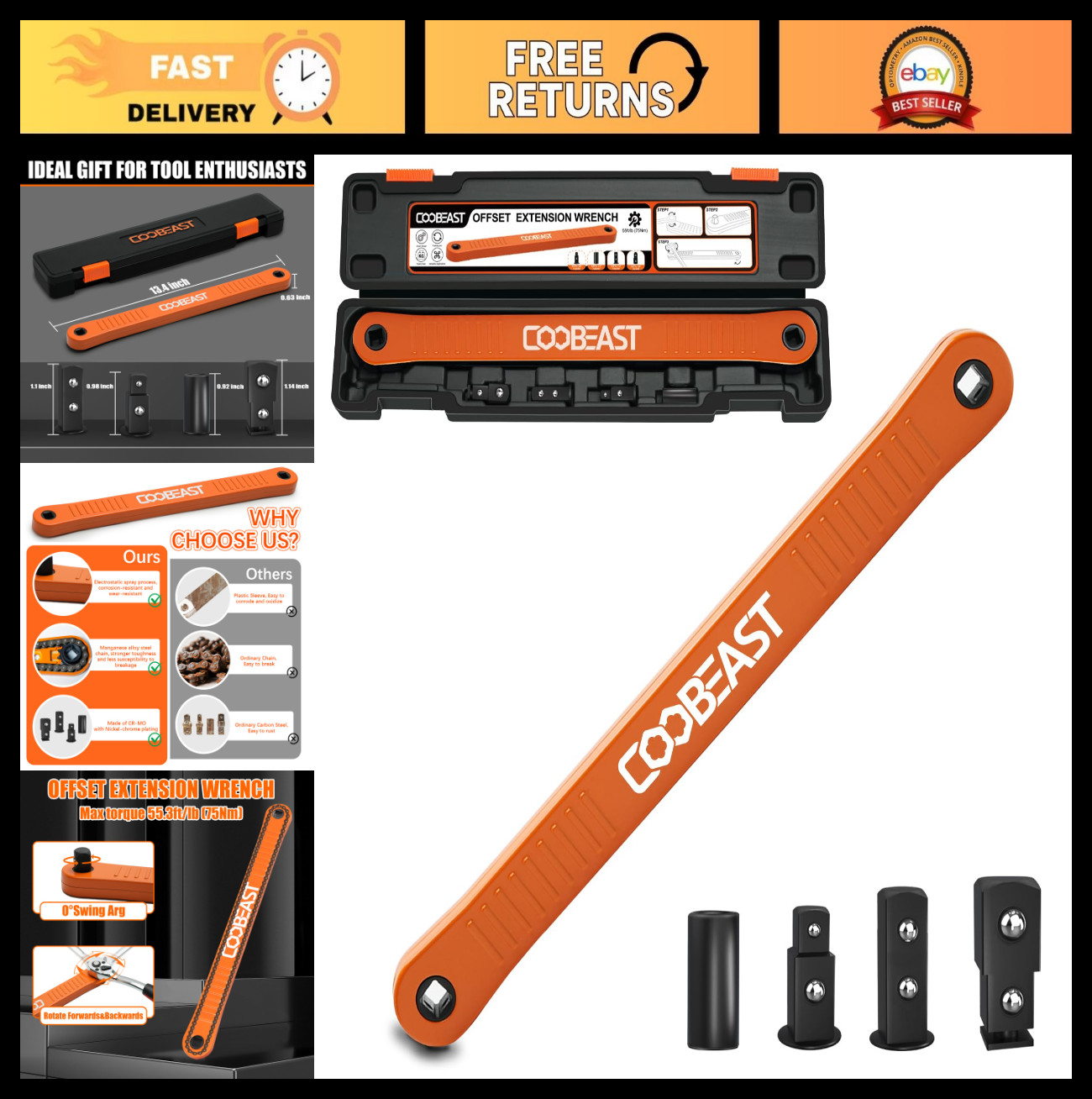 Offset Extension Wrench 3/8″ Impact Socket Tool with 1/4″, 3/8″, 1/2″ Adapters –