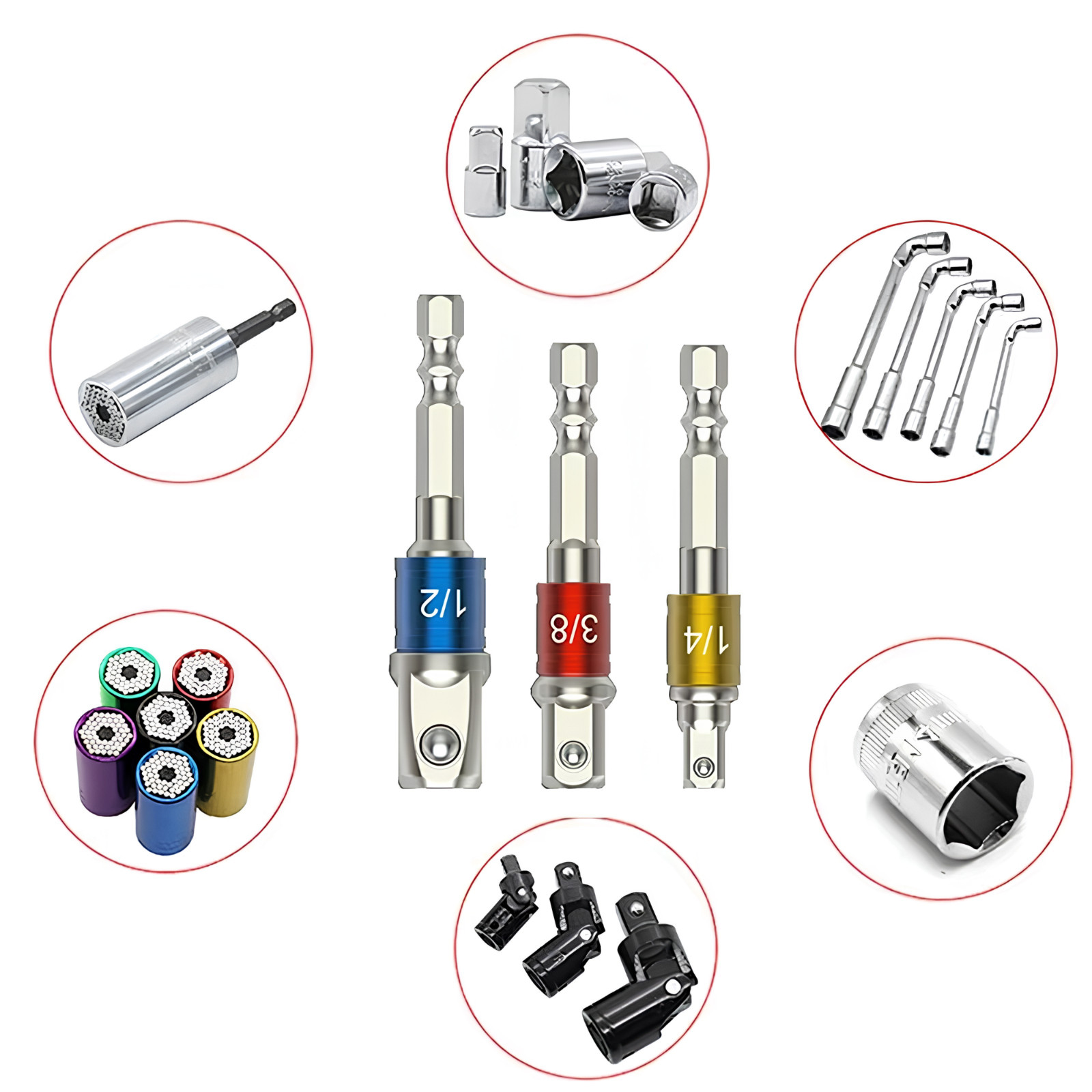 3Pcs Impact Drill Socket Adaptor Hex Drive To 1/4″ 3/8″ 1/2″ Dr Square