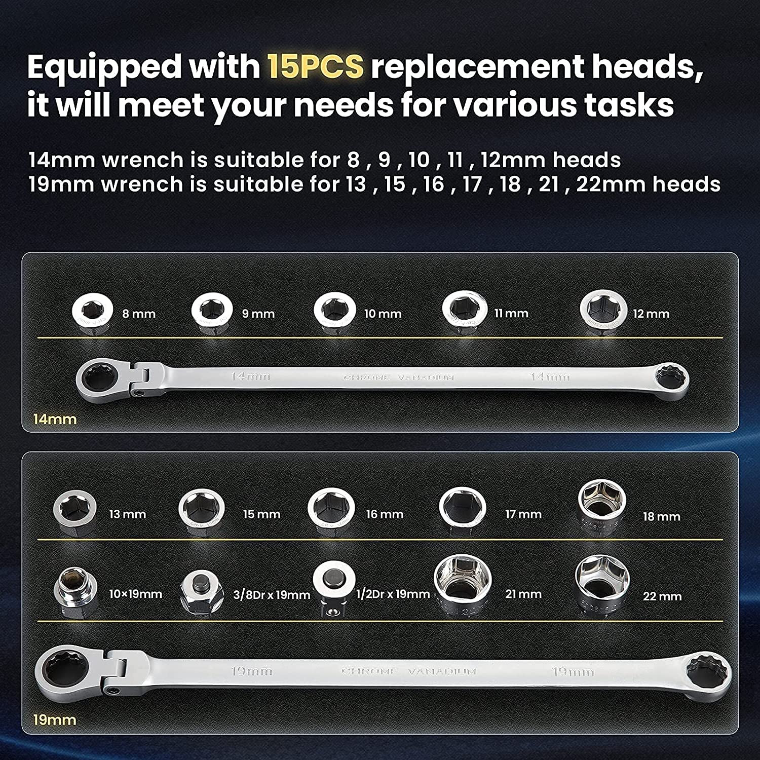 17PC Extra Long Flex-Head Ratcheting Wrench Set, Metric Double Box End w/ 8-22mm