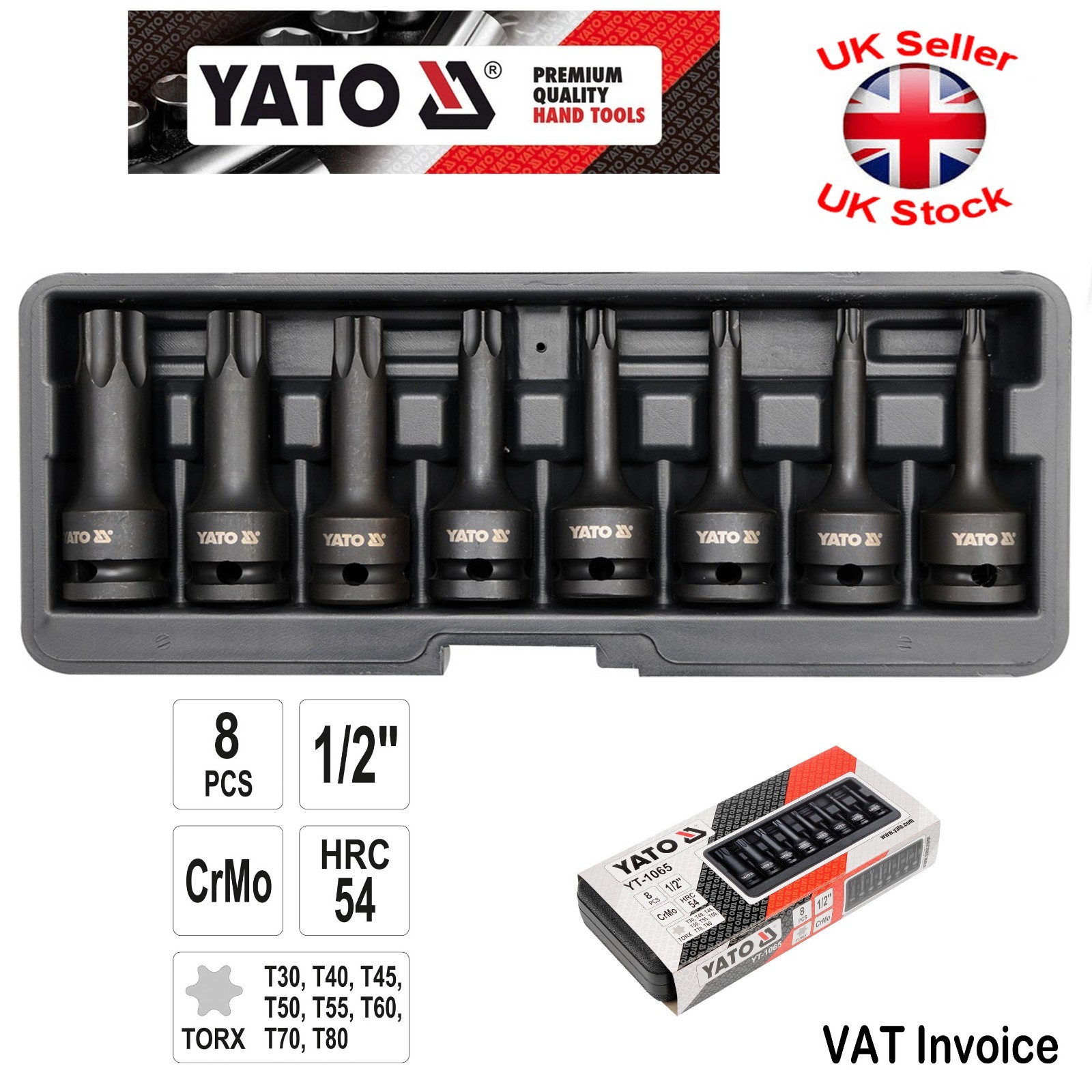 Yato Professional Impact TORX Bits Sockets Set 8 PCS Sizes T30-80 1/2″ YT-1065