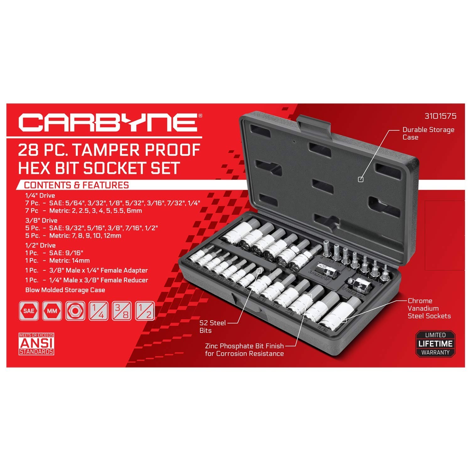 28-Piece Tamper-Proof Hex Bit Socket Set, SAE & Metric, S2 Steel, Durable Case