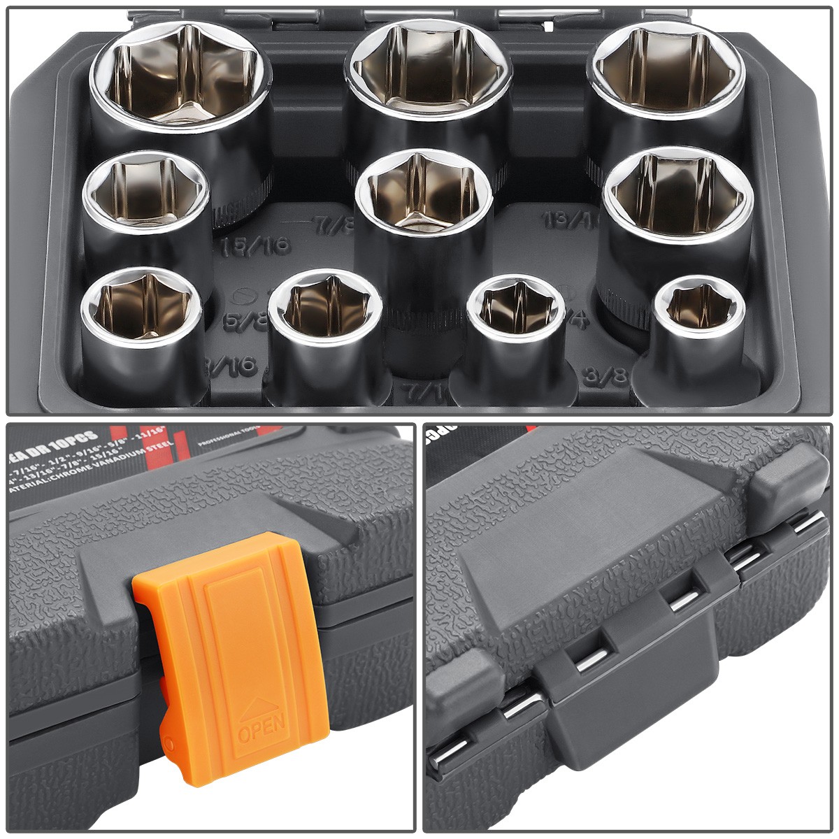 10Pcs 1/2″ Dr 6 Point SAE Impact Socket Set Chrome Vanadium Steel 3/8″ to 15/16″