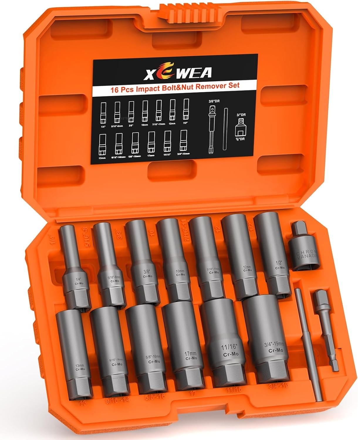 16PCS 3/8″ Drive Deep Bolt Extractor Set, Impact Bolt Nut Remover Set, Stripp…