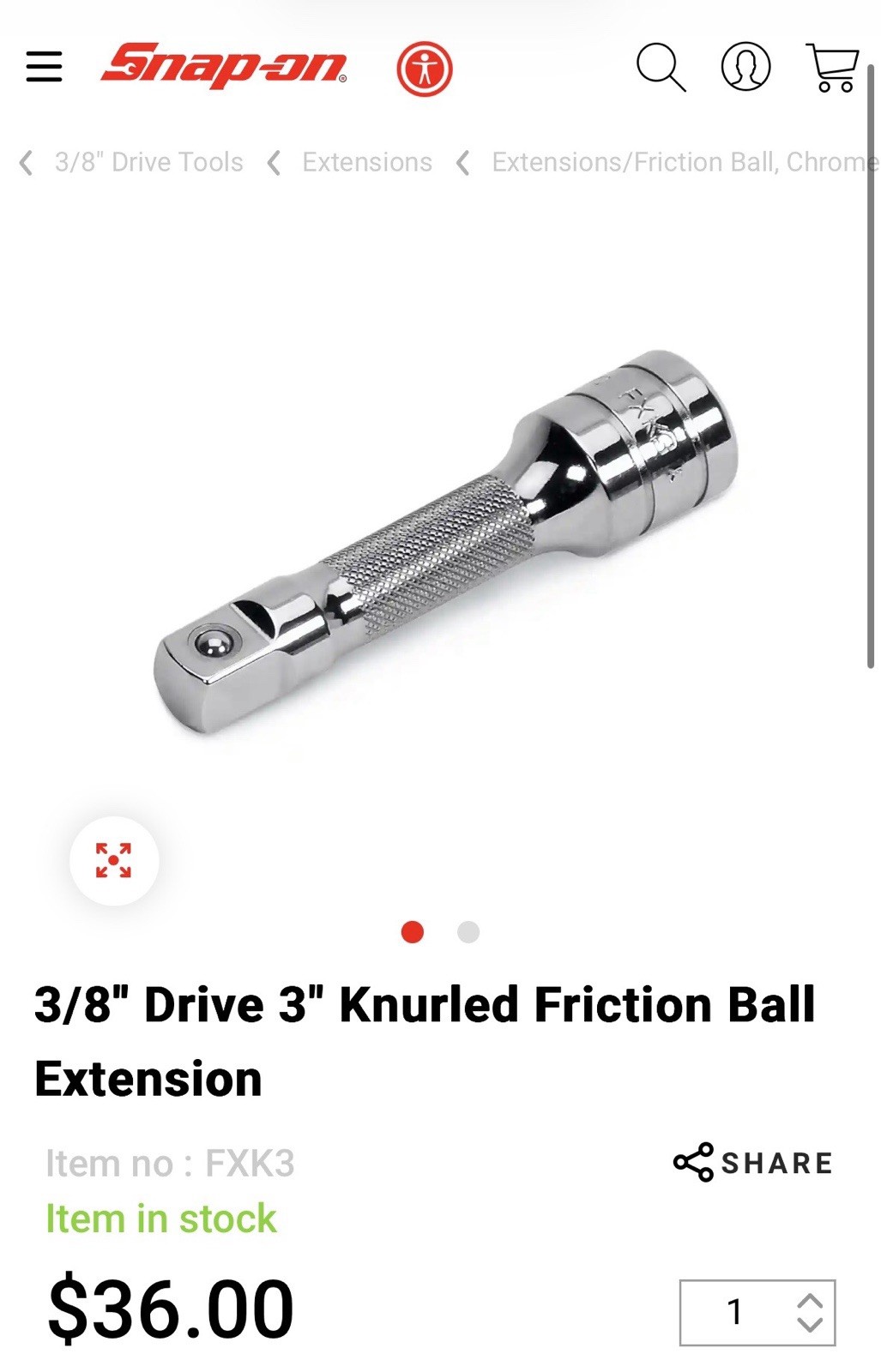 Snap On 3/8″ Drive 3″ Knurled Friction Ball Extension