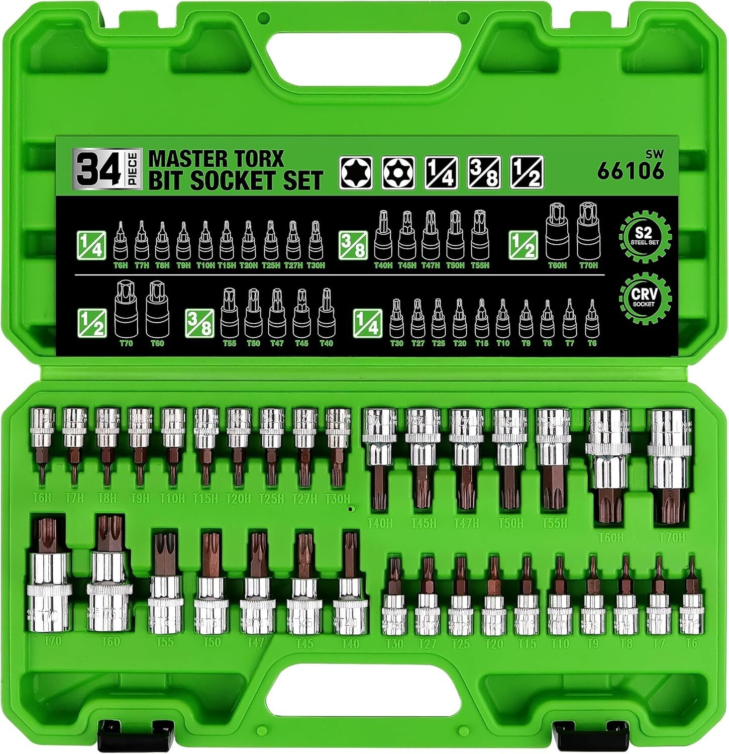 34PCS Master TORX Bit Socket Set,S2 Alloy Steel,Solid Star & Tamper Proof T6~T70