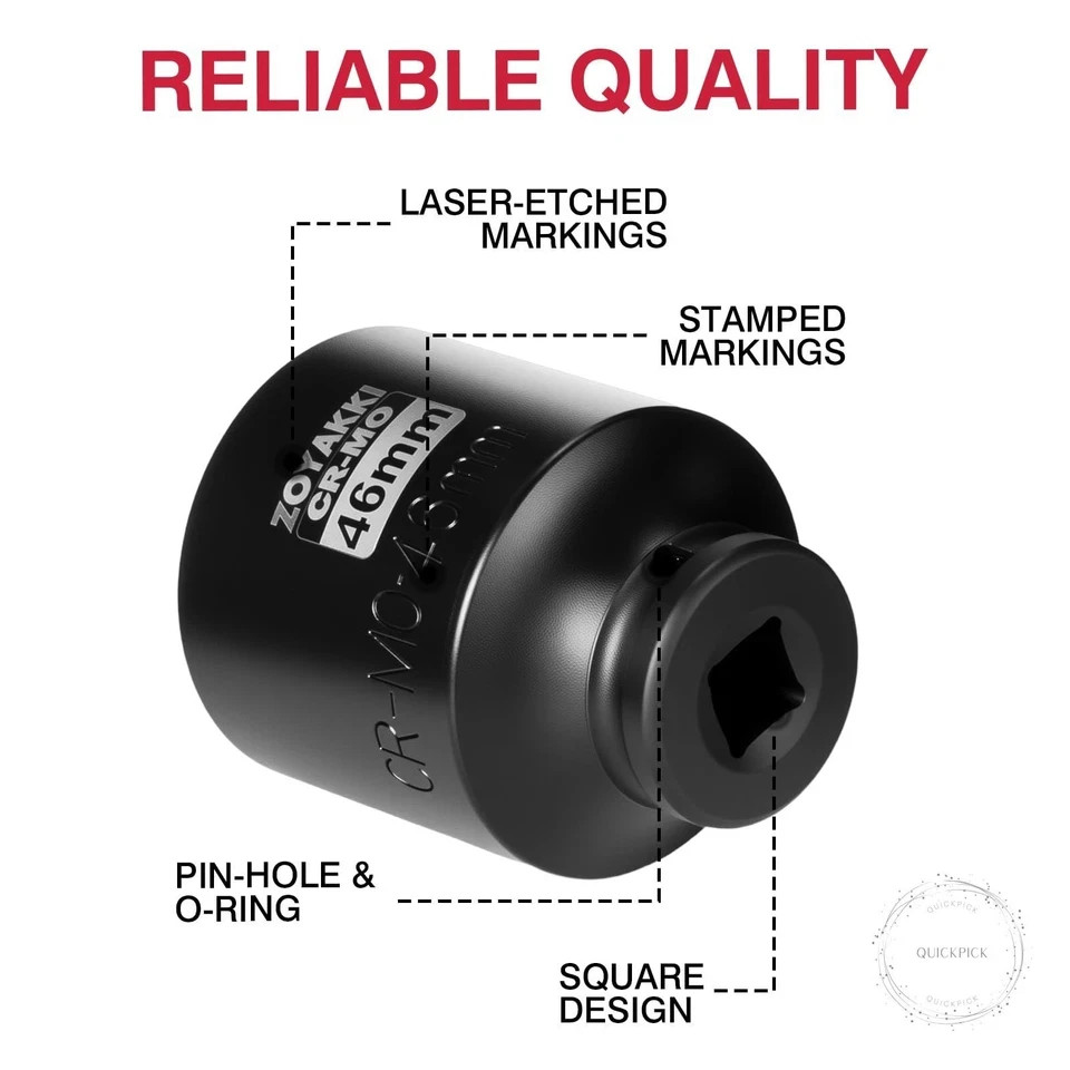 1/2″ Drive x 46 mm Deep 6 PT Impact Socket, CR-MO, 1/2-inch Drive 6 Point Axle