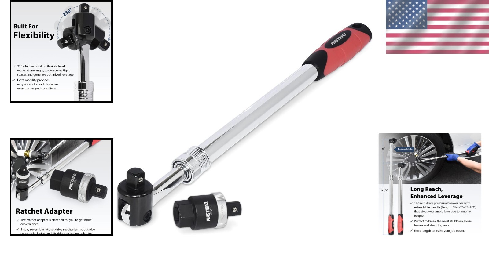 Breaker Bar Chrome Vanadium Steel 24.5 Inch Long Flex Head Ratchet