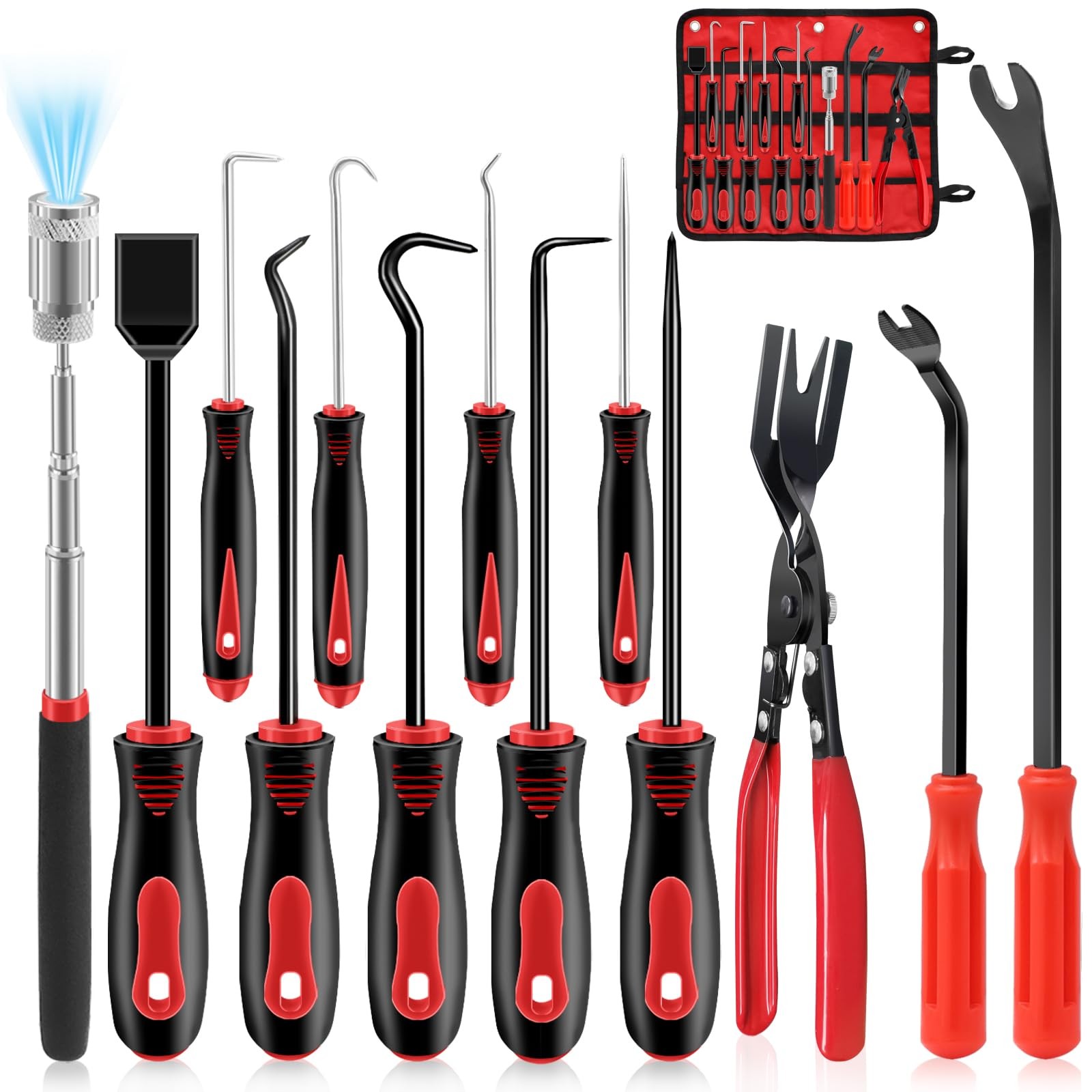 13 Pcs Precision Pick and Hook Tool Set with Clip Removal Plier Rivets red