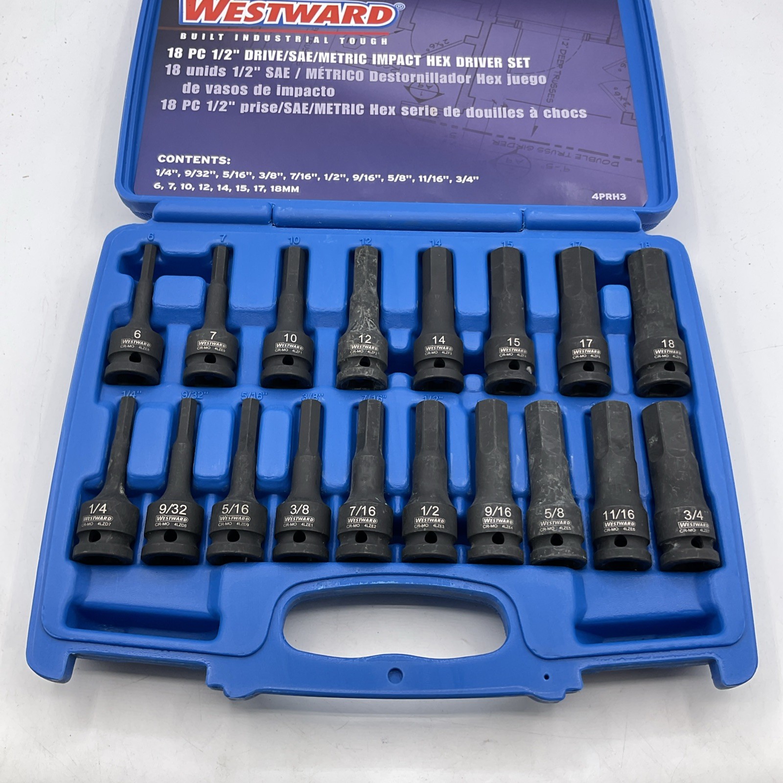 Westward 4PRH3 18 Piece 1/2″ Drive SAE Metric Impact Hex Driver Set