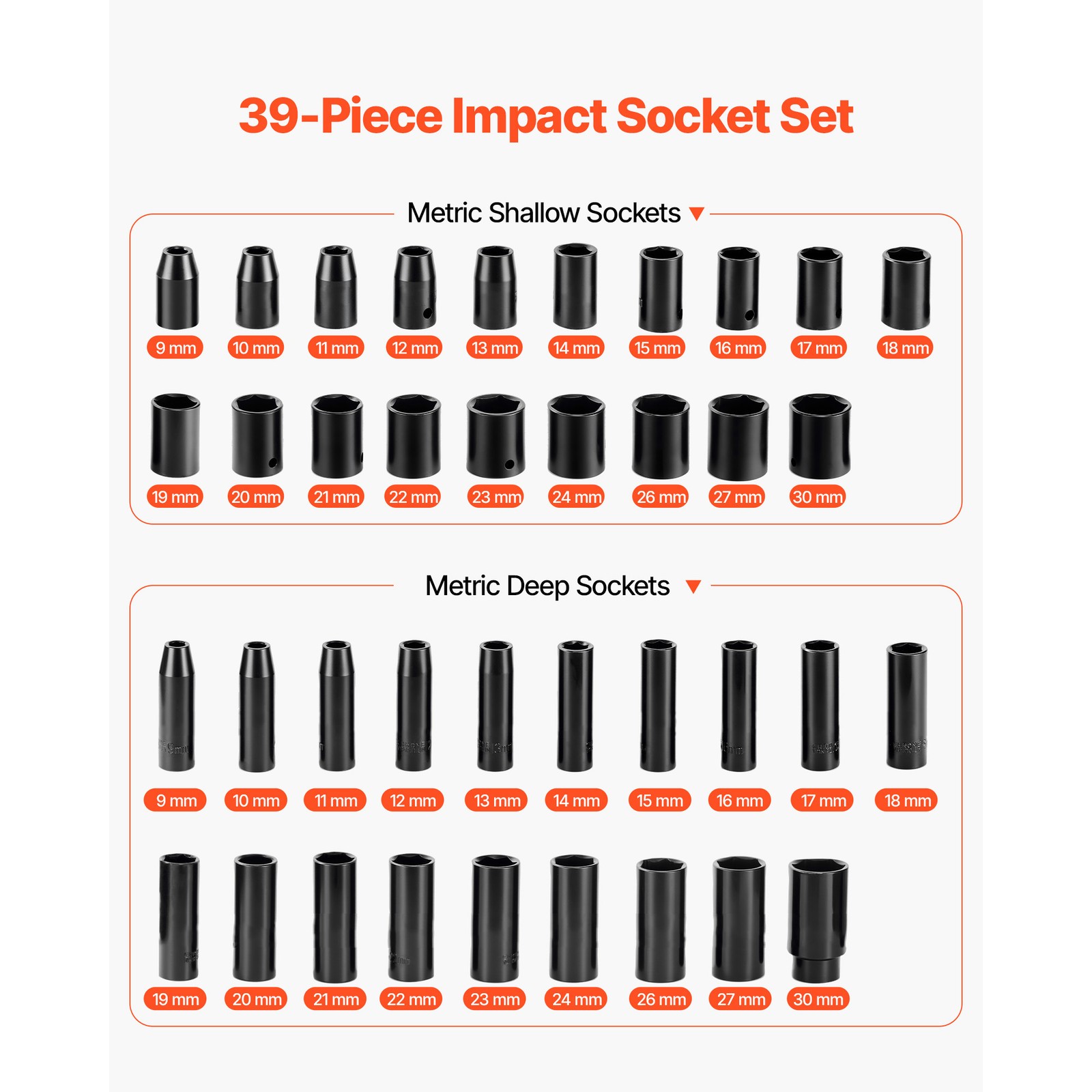 Uimoso 39-Piece 1/2 Inch Drive Impact Socket Set with Metric Sizes 9-30 mm