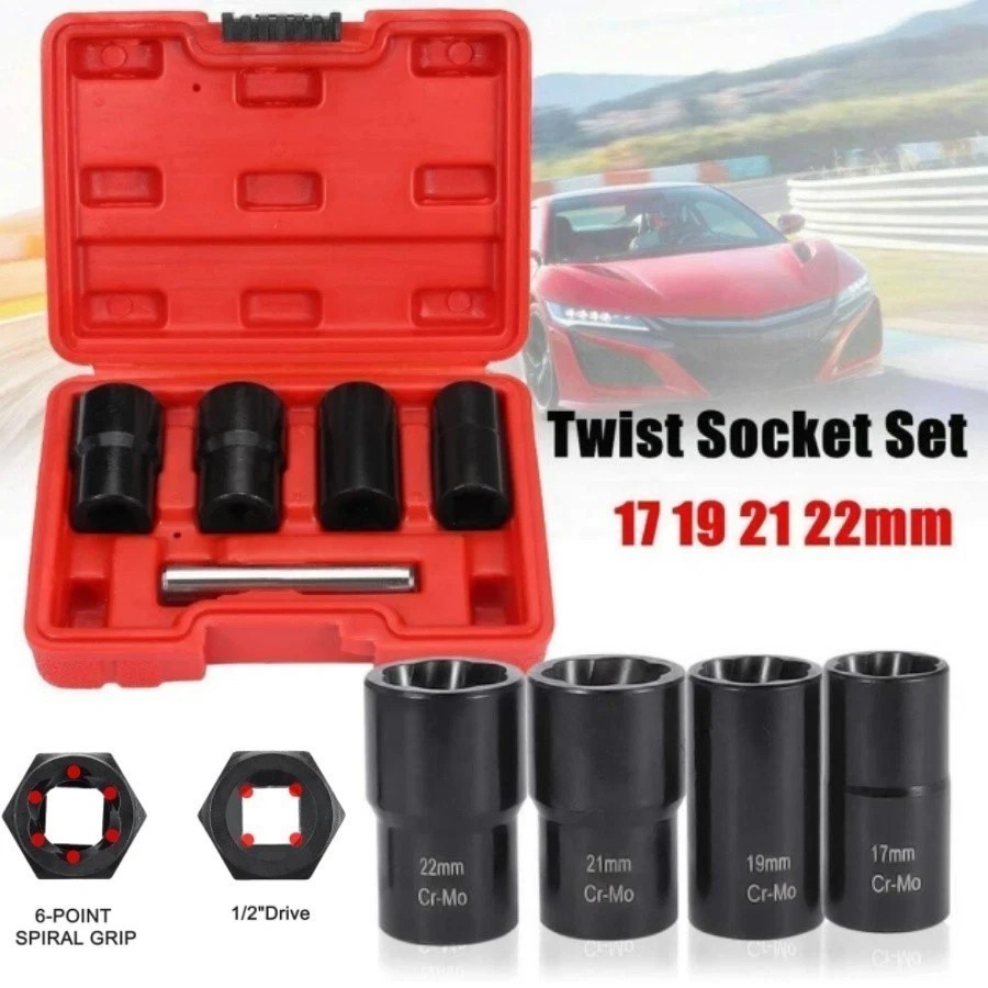 5pcs Twist Socket Kits 1/2» Drive Wheel Lock Nut Removal Tool Set 17 19 21 22mm