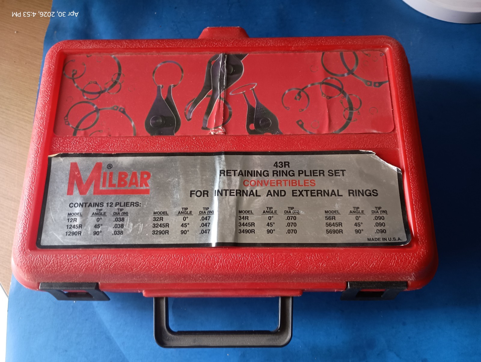 Milbar, #43R Retaining Ring Plier Set Convertibles ( Int/Ext), Set of 12