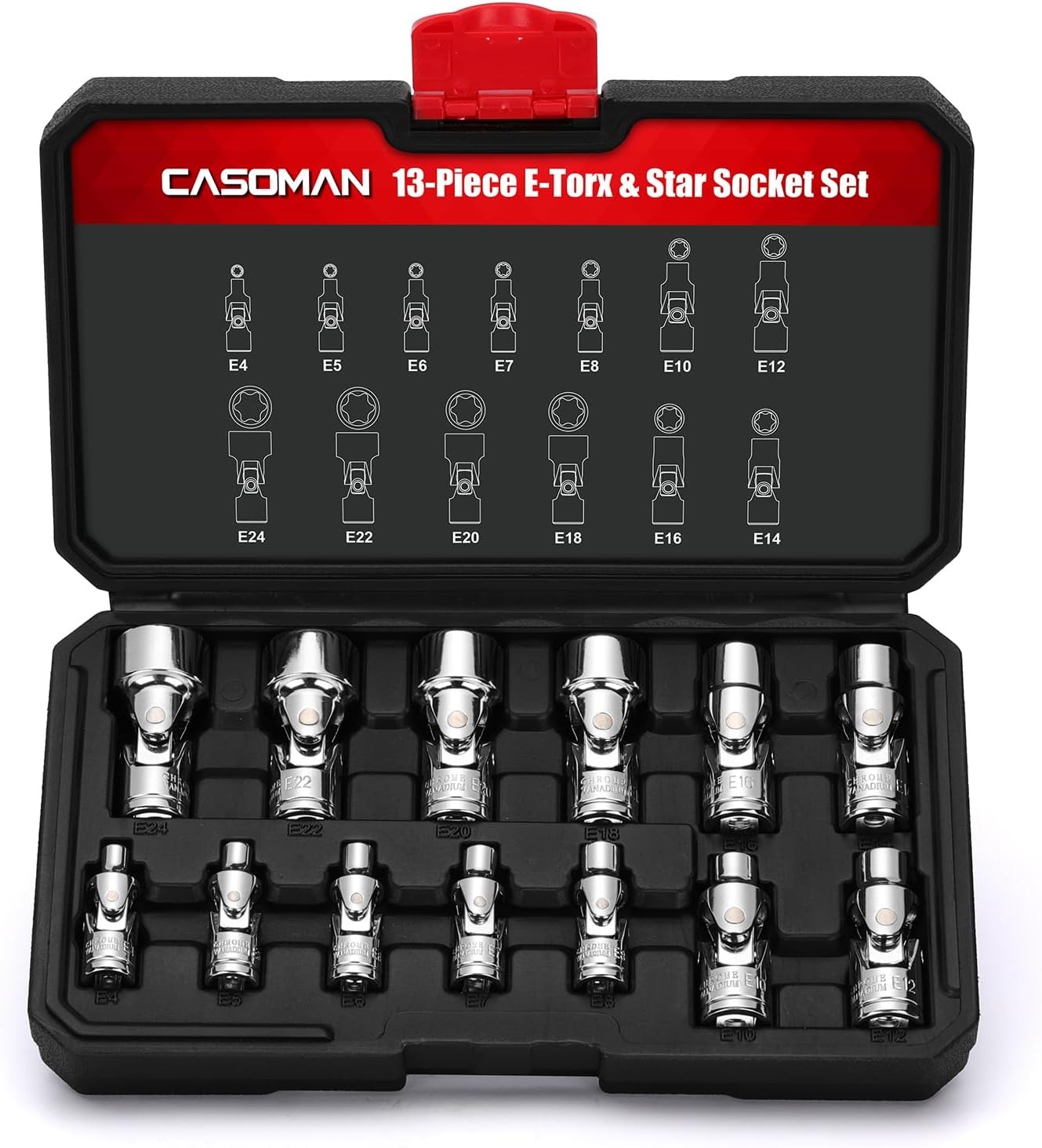 13PCS 1/4″ & 3/8″ Drive Universal External Star Socket Set, E4 to E24, CR-V