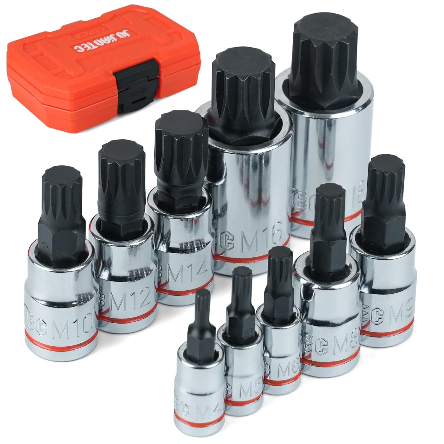 10-Piece Triple Square Spline Bit Socket Set, Metric M4-M18, Chrome Vanadium, Ca