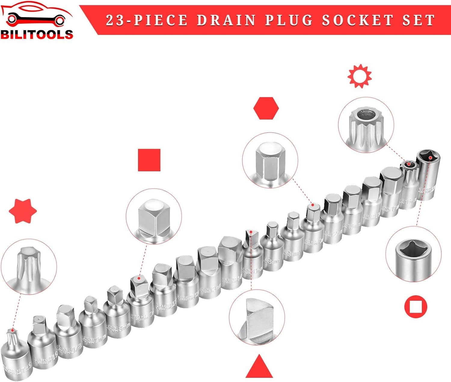 23-Piece Drain Plug Socket Set – Chrome Vanadium Steel with T-Bar Extensions